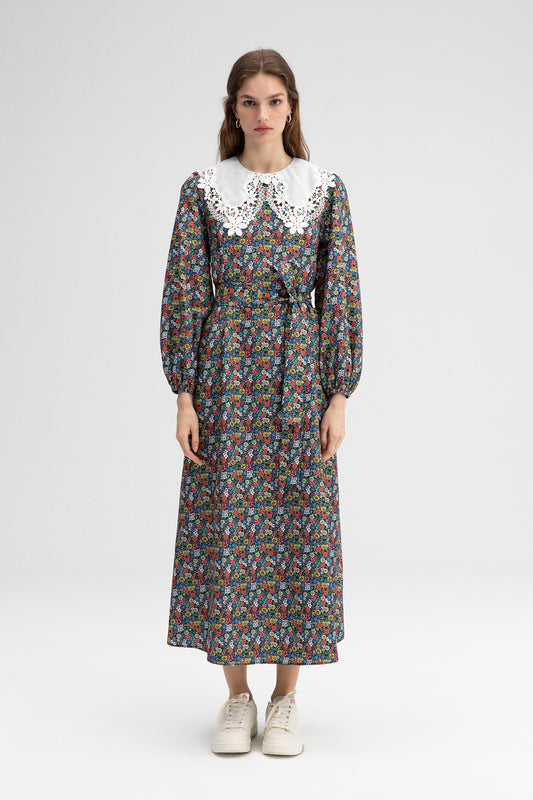 FLOWERED POPLIN DRESS WITH COLLAR