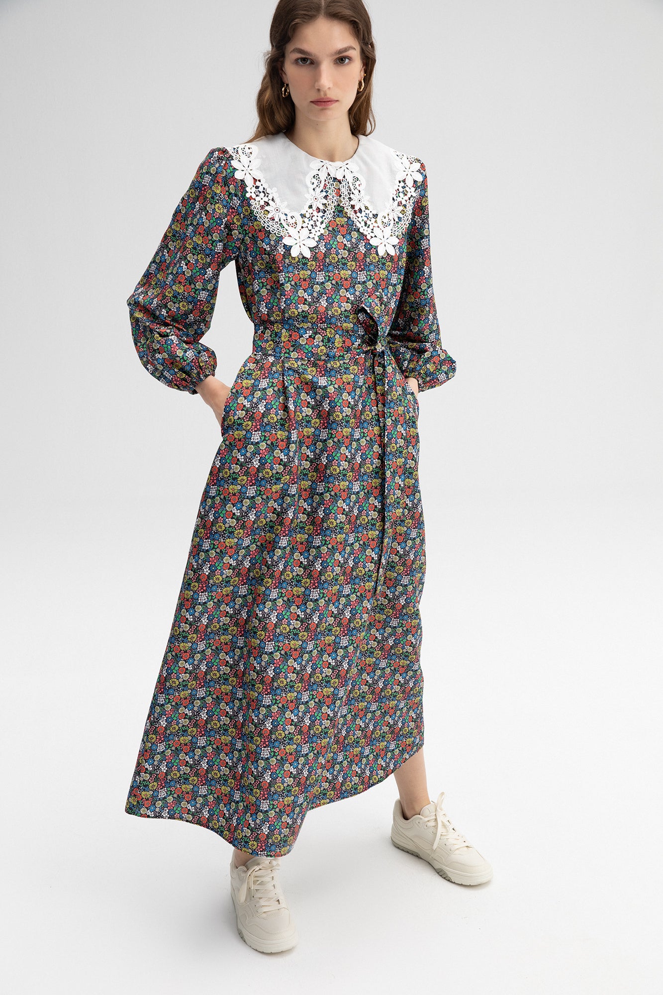 FLOWERED POPLIN DRESS WITH COLLAR